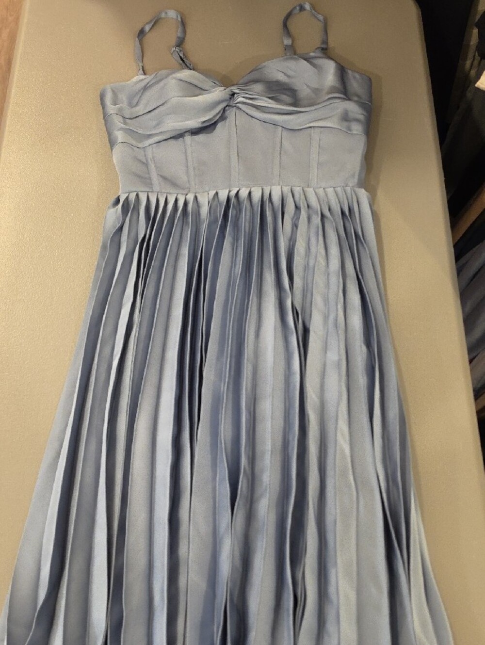 Azazie brand Dusty Blue Pleated Midi Dress with pleated bottom size 4 NWTS - Picture 9 of 9